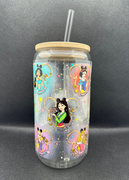 Multiple Princesses 16oz Clear Glass Tumbler with Straw