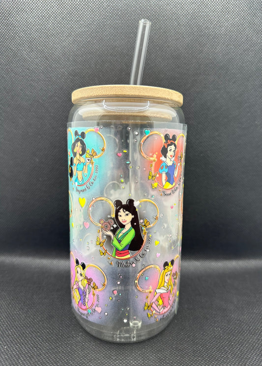 Multiple Princesses 16oz Clear Glass Tumbler with Straw