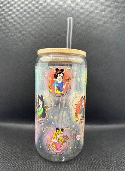 Multiple Princesses 16oz Clear Glass Tumbler with Straw