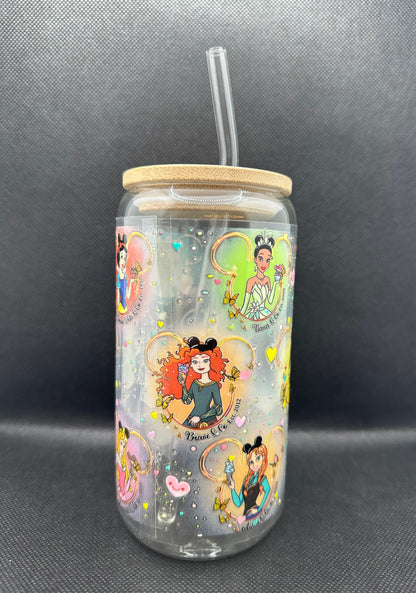Multiple Princesses 16oz Clear Glass Tumbler with Straw