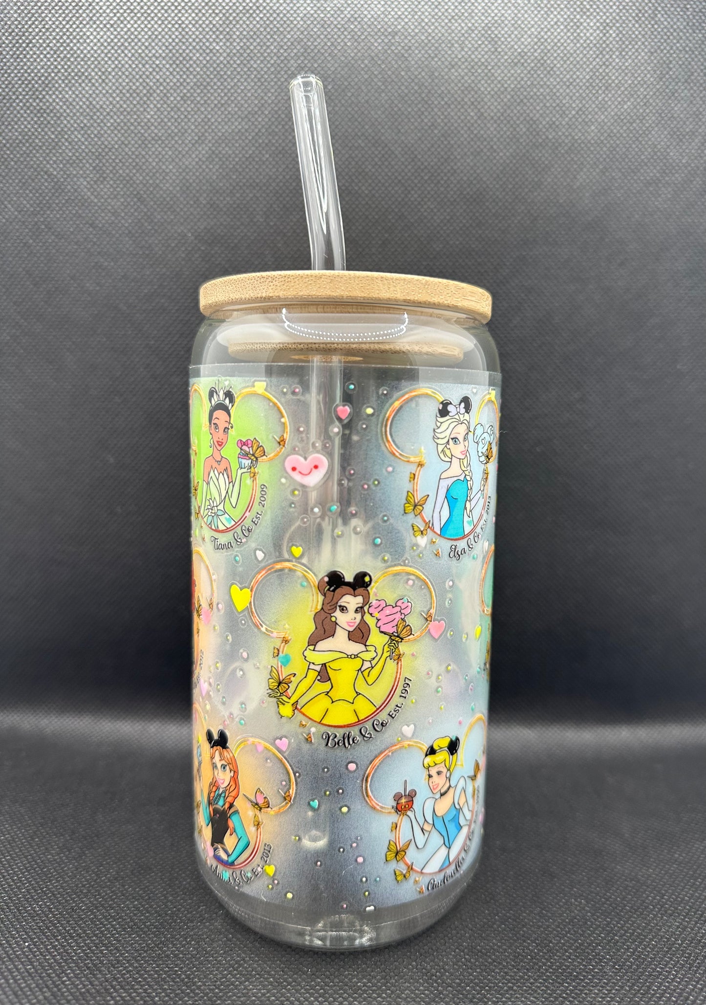 Multiple Princesses 16oz Clear Glass Tumbler with Straw