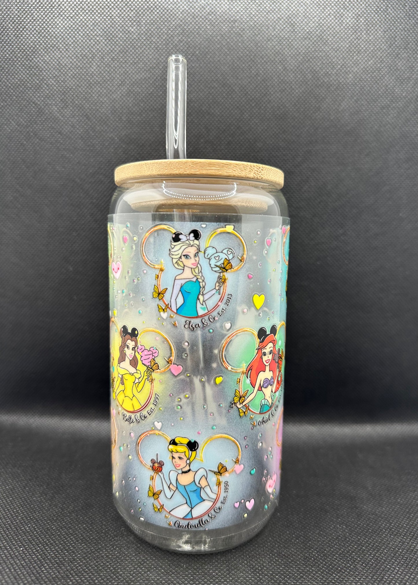 Multiple Princesses 16oz Clear Glass Tumbler with Straw