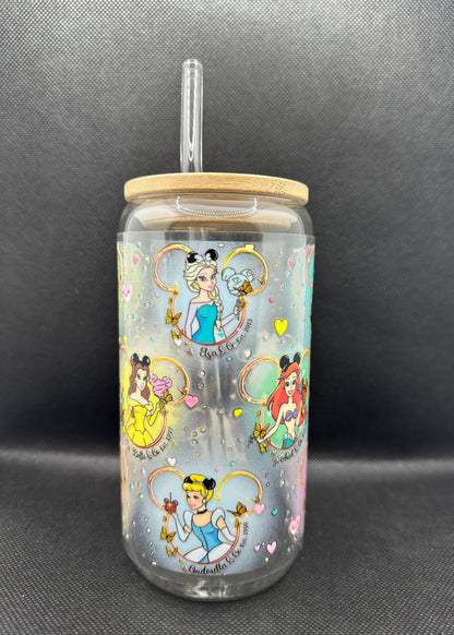 Multiple Princesses 16oz Clear Glass Tumbler with Straw