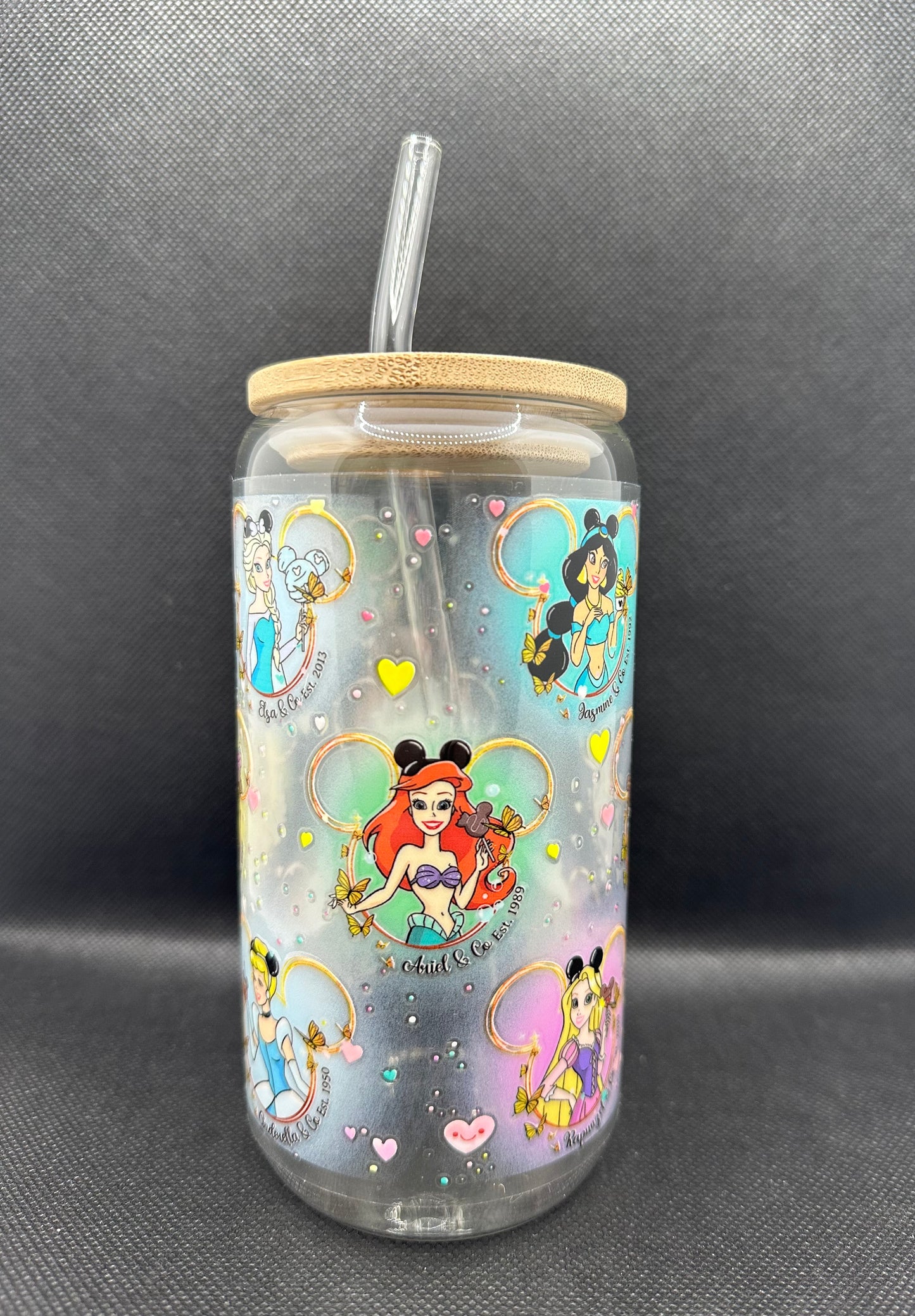 Multiple Princesses 16oz Clear Glass Tumbler with Straw