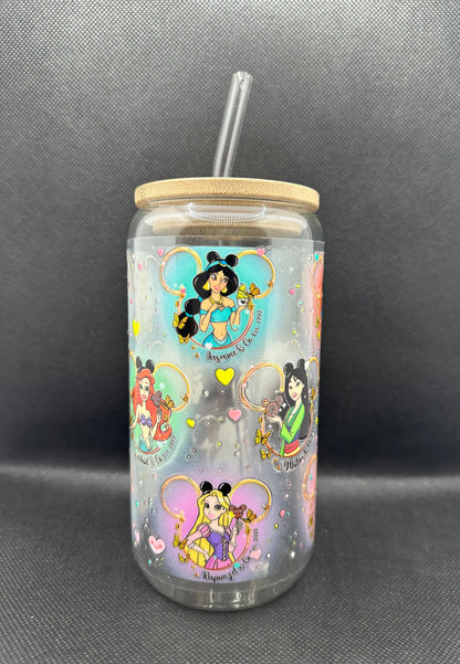 Multiple Princesses 16oz Clear Glass Tumbler with Straw