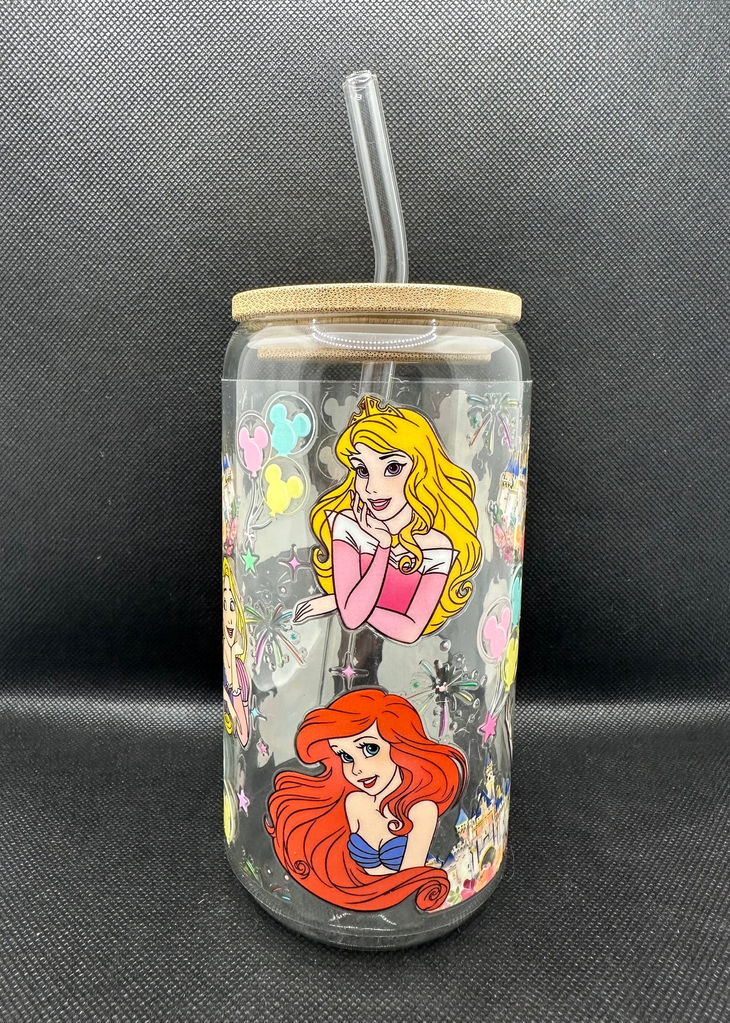 Multiple Princesses 16oz Clear Glass Tumbler with Straw