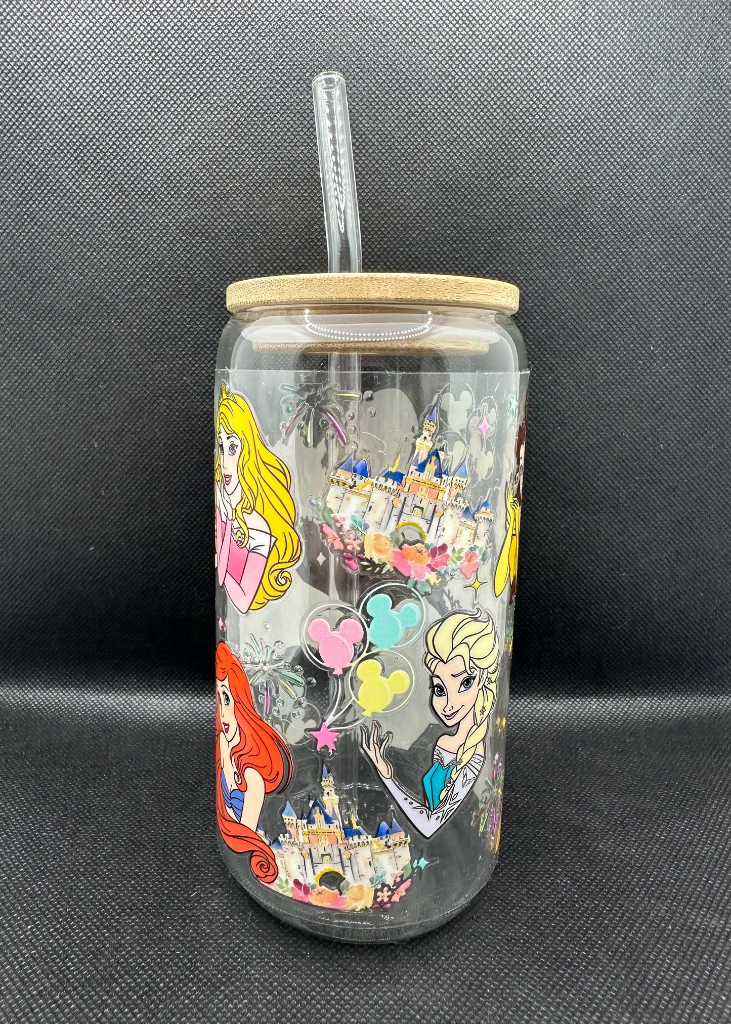 Multiple Princesses 16oz Clear Glass Tumbler with Straw