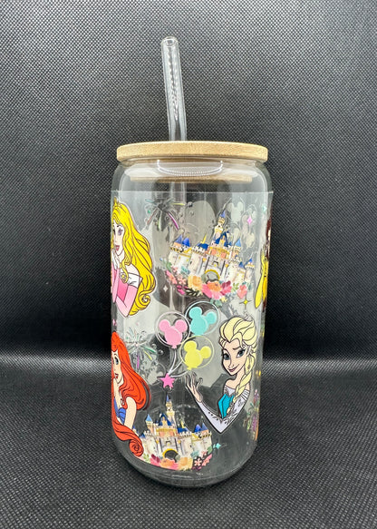 Multiple Princesses 16oz Clear Glass Tumbler with Straw