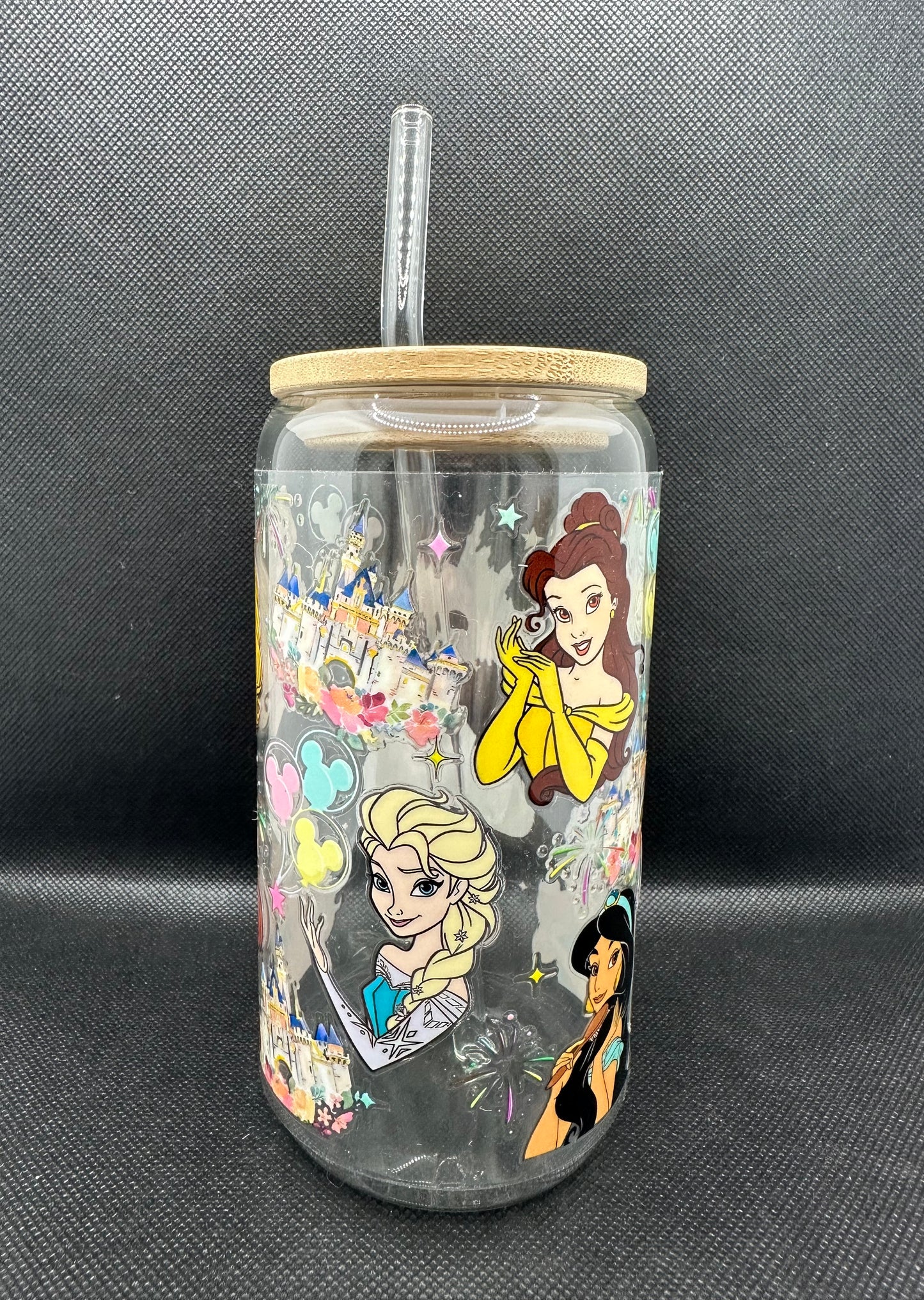 Multiple Princesses 16oz Clear Glass Tumbler with Straw