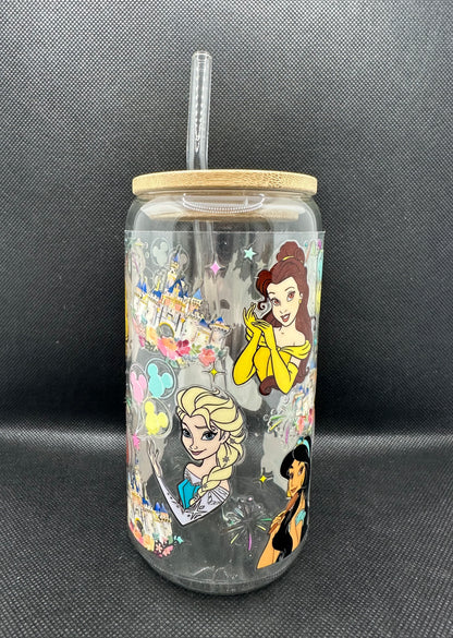 Multiple Princesses 16oz Clear Glass Tumbler with Straw