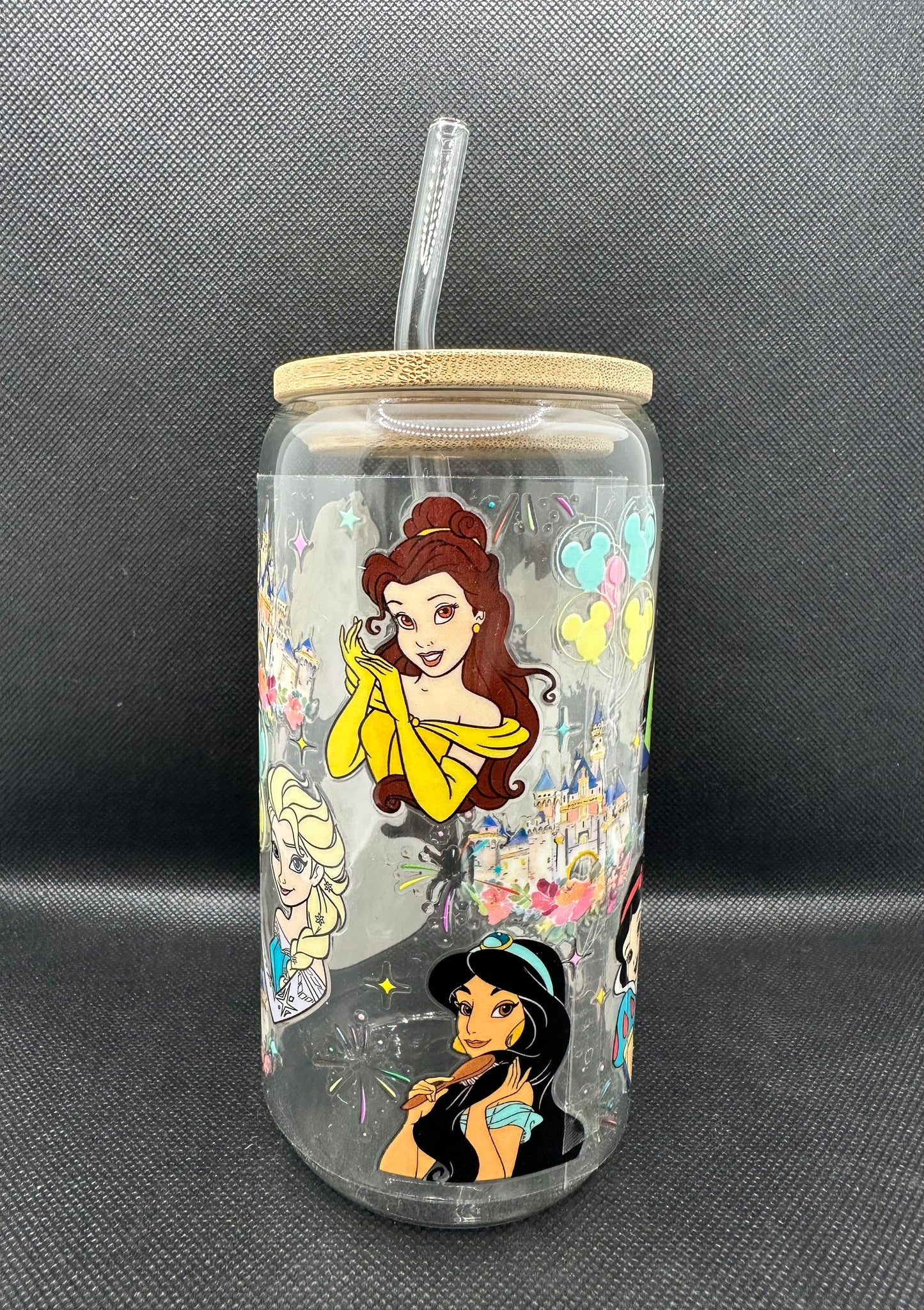 Multiple Princesses 16oz Clear Glass Tumbler with Straw