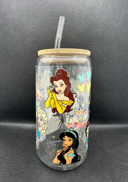 Multiple Princesses 16oz Clear Glass Tumbler with Straw
