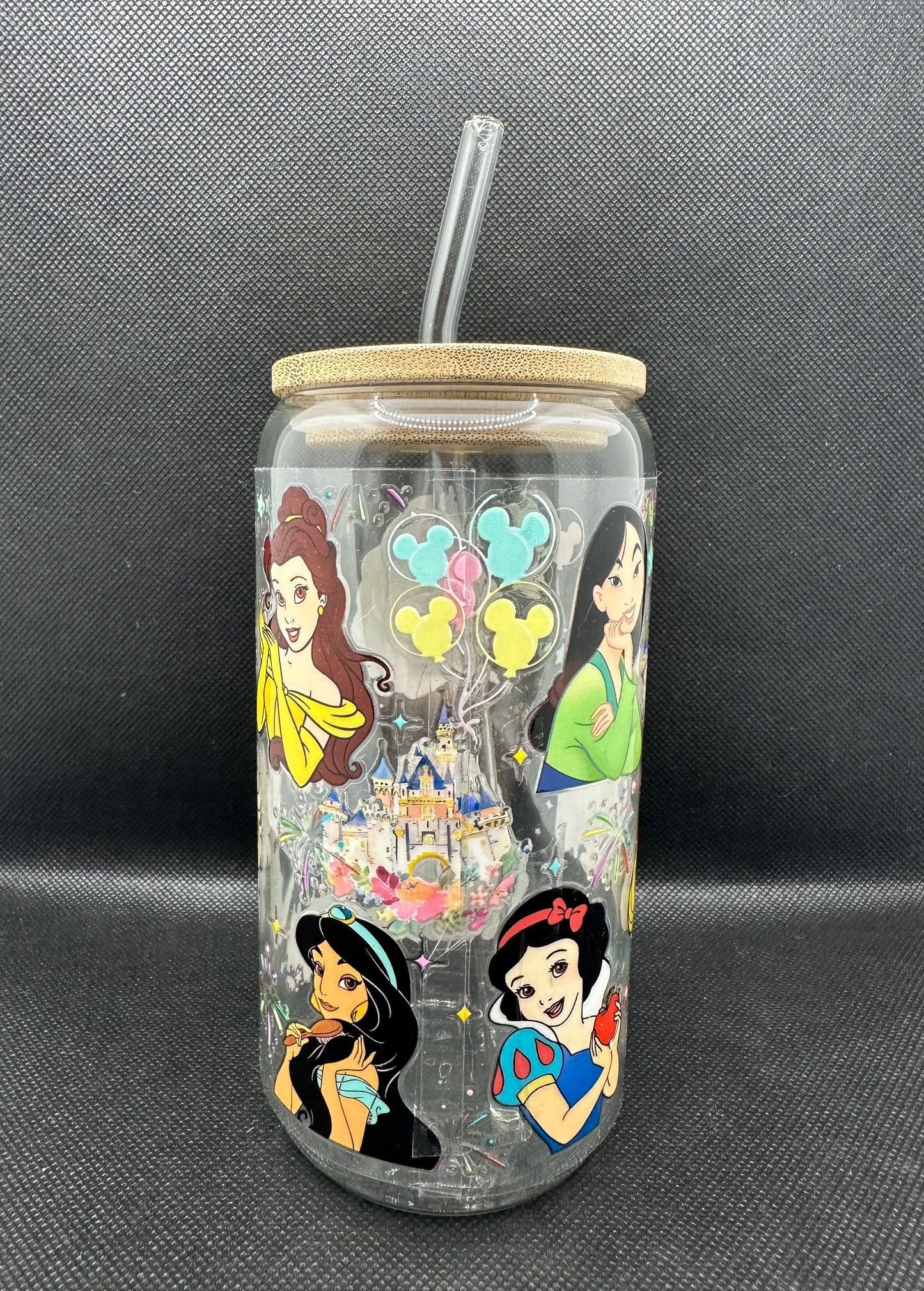 Multiple Princesses 16oz Clear Glass Tumbler with Straw