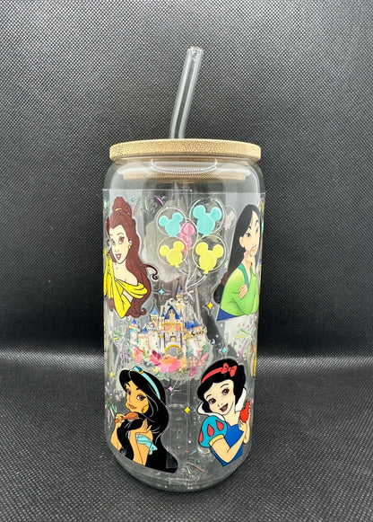 Multiple Princesses 16oz Clear Glass Tumbler with Straw