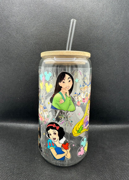 Multiple Princesses 16oz Clear Glass Tumbler with Straw