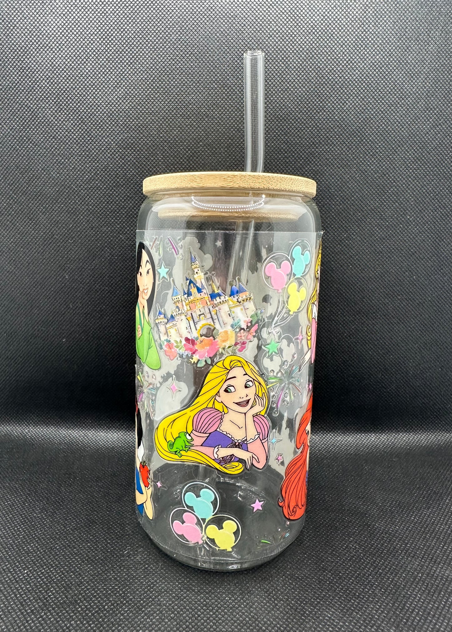 Multiple Princesses 16oz Clear Glass Tumbler with Straw