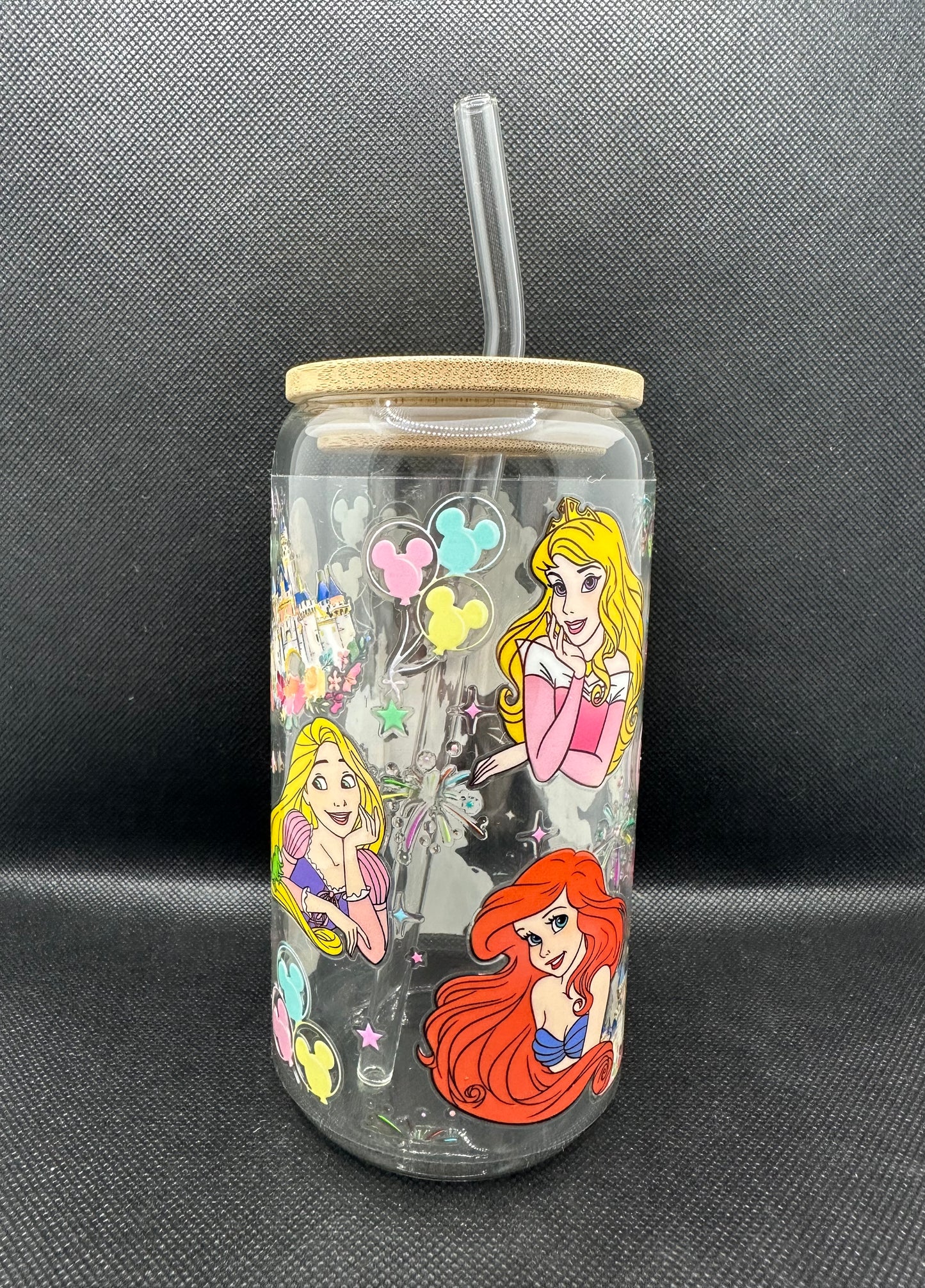 Multiple Princesses 16oz Clear Glass Tumbler with Straw