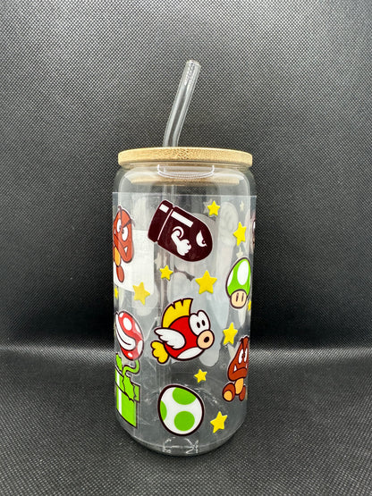 Cartoon Game 16oz Clear Glass Tumbler with Straw