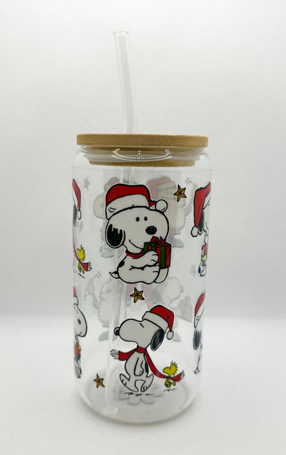 Christmas Cartoon Dog 16oz Glass Tumbler with Straw