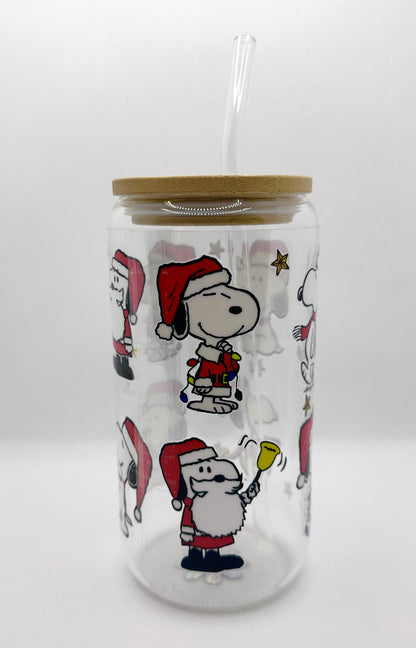 Christmas Cartoon Dog 16oz Glass Tumbler with Straw