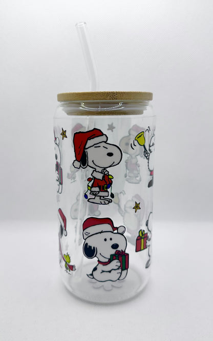 Christmas Cartoon Dog 16oz Glass Tumbler with Straw
