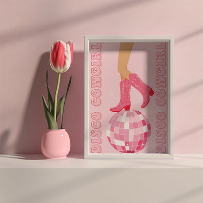 Disco Cowgirl Poster, Cowgirl boots art print Y2K Art Print, Disco Ball Poster