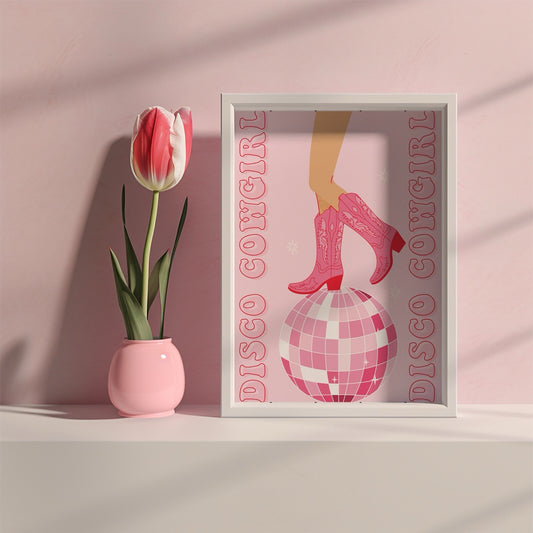 Disco Cowgirl Poster, Cowgirl boots art print Y2K Art Print, Disco Ball Poster