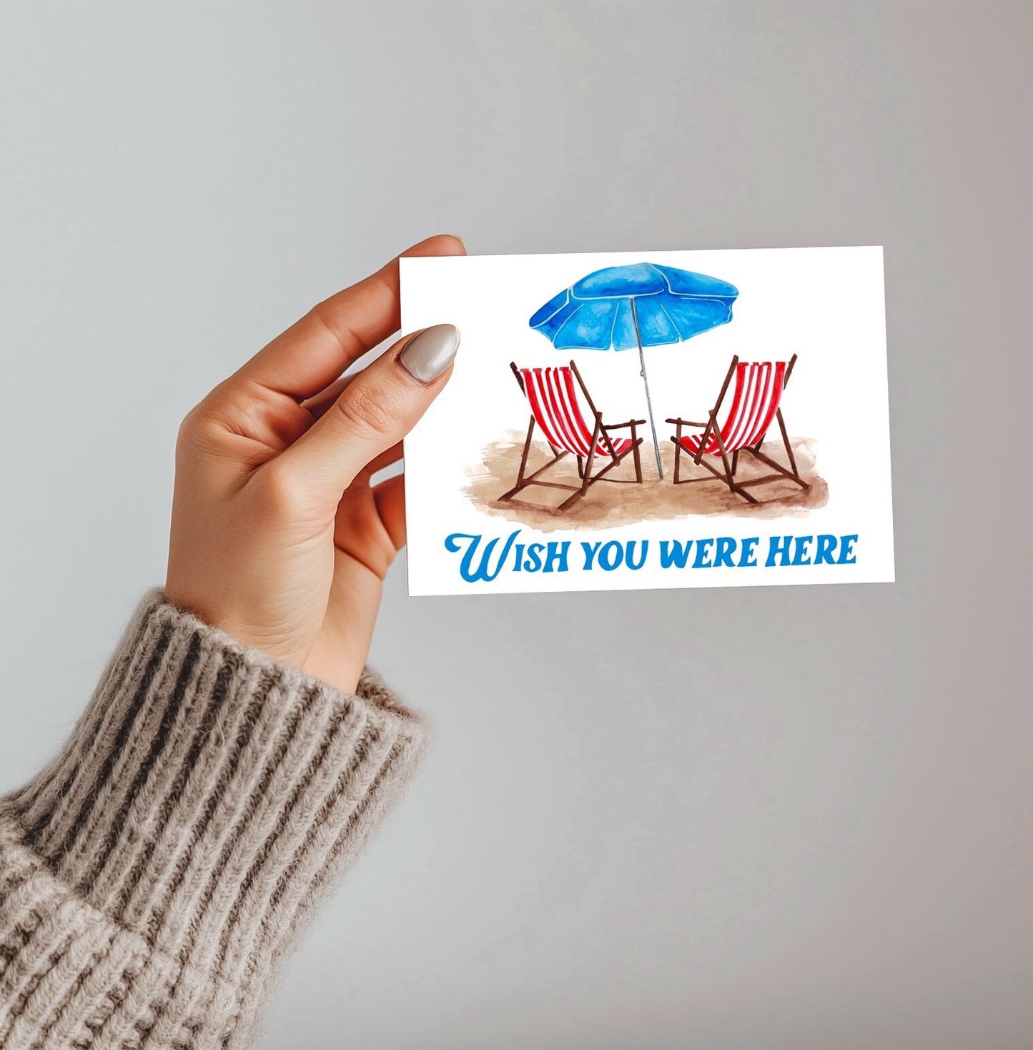 Seaside Holiday Postcard – Deck Chairs Illustration, "Wish You Were Here"