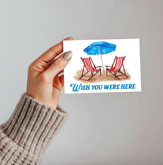 Seaside Holiday Postcard – Deck Chairs Illustration, "Wish You Were Here"