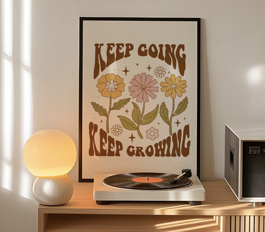 Keep Going Keep Growing Quote Art Print, Retro 60s Hippie Style Wall Art Print