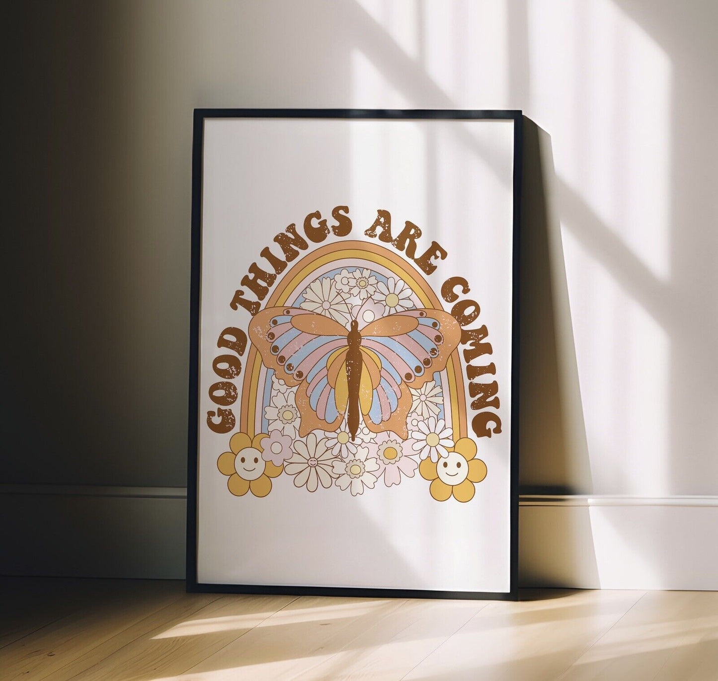 Good Things Are Coming Butterfly Quote Art Print, Retro 60s Hippie Style Print