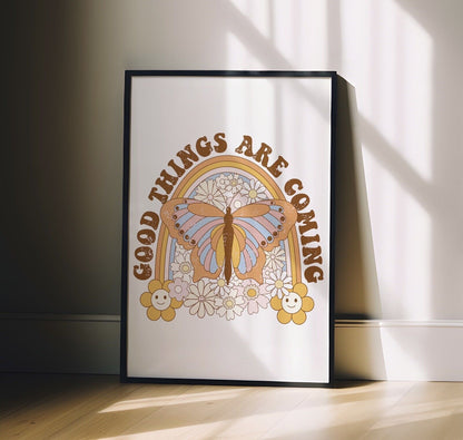 Good Things Are Coming Butterfly Quote Art Print, Retro 60s Hippie Style Print