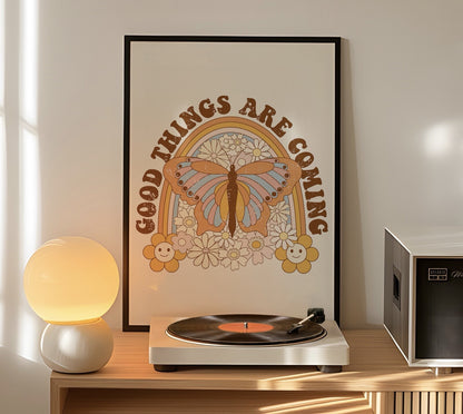 Good Things Are Coming Butterfly Quote Art Print, Retro 60s Hippie Style Print
