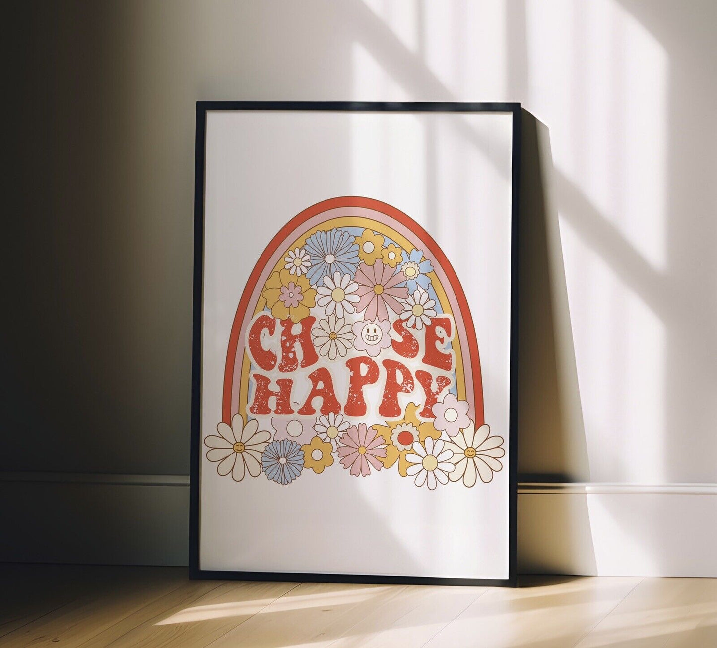 Choose Happy Quote Art Print, Retro 60s Hippie Style Wall Art Rainbow Flowers