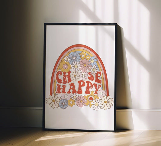 Choose Happy Quote Art Print, Retro 60s Hippie Style Wall Art Rainbow Flowers