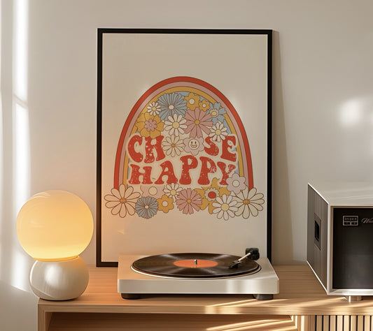 Choose Happy Quote Art Print, Retro 60s Hippie Style Wall Art Rainbow Flowers