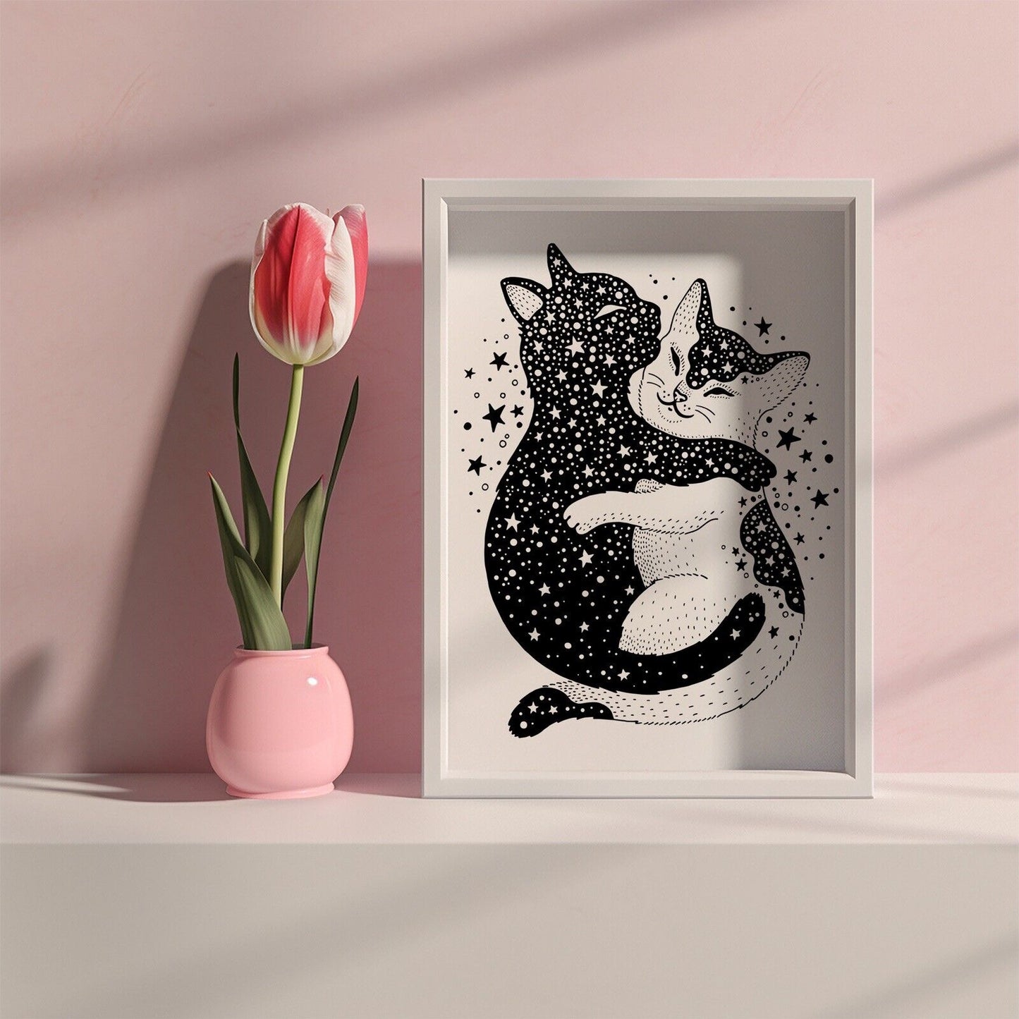 Black & White Cosmic Cats Art Print