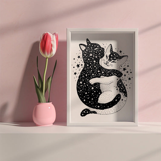 Black & White Cosmic Cats Art Print