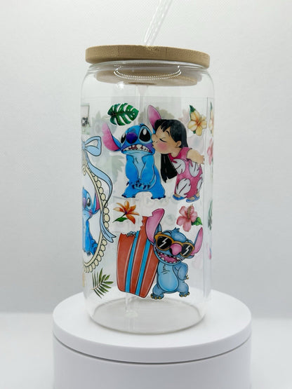 Blue Alien and Friend inspired 16oz Clear Glass Tumbler with Straw