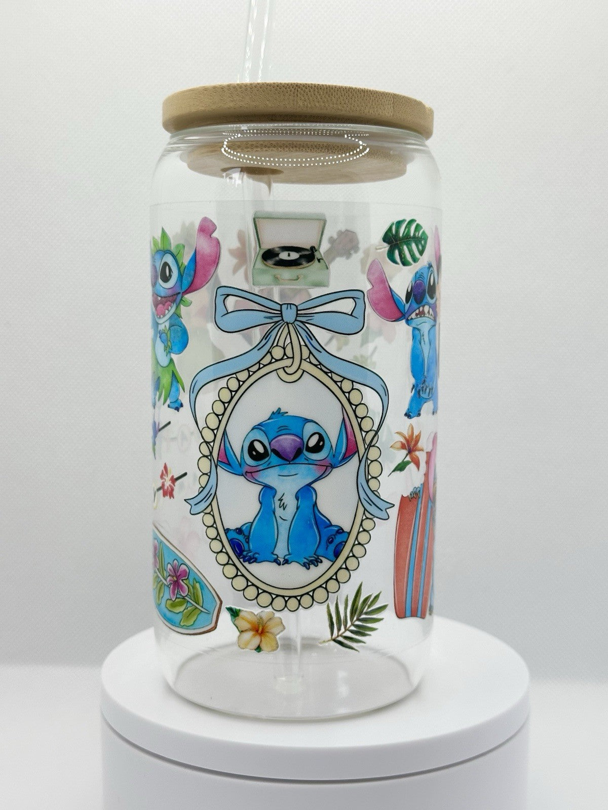 Blue Alien and Friend inspired 16oz Clear Glass Tumbler with Straw