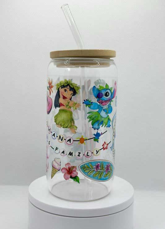 Blue Alien and Friend inspired 16oz Clear Glass Tumbler with Straw
